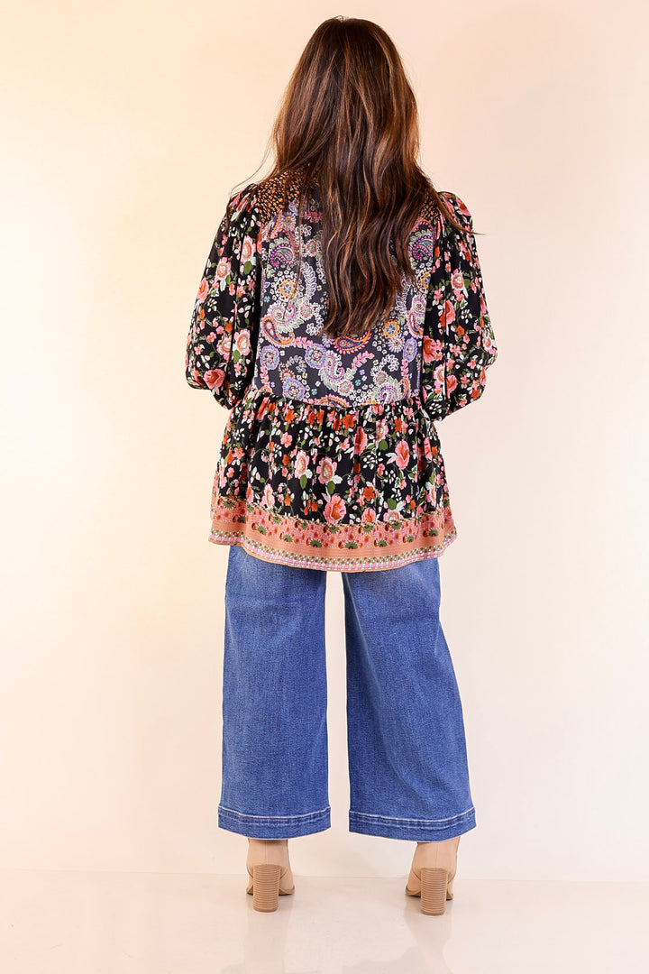 Floral Fusion Long Sleeve Floral Print Top in Black