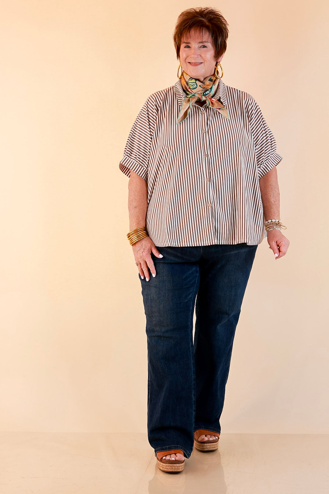 Perfectly Aligned Button Down Collared Top with Vertical Ivory Stripe Detail in Taupe Brown