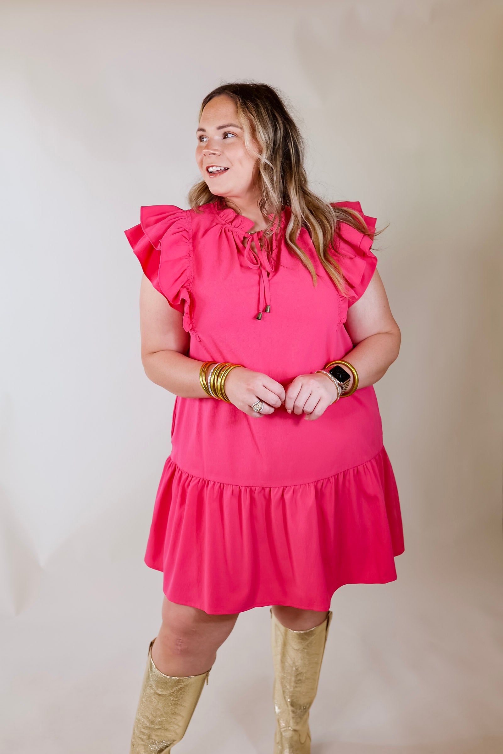 Powerful Love Ruffle Cap Sleeve Dress with Keyhole and Tie Neckline in Hot Pink - Giddy Up Glamour Boutique