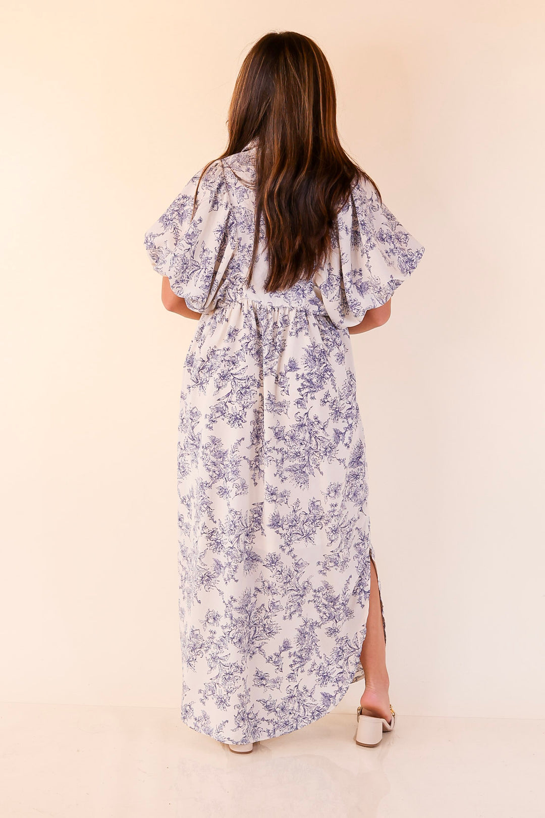 Timeless Blossom Floral Print Button Up Dress in Cream and Blue