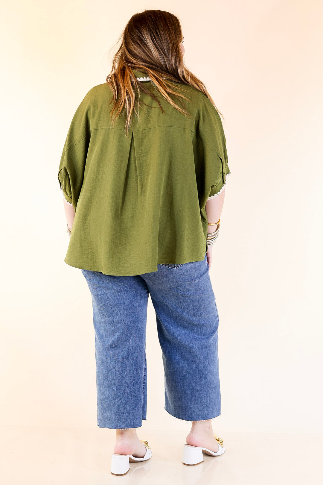 In Good Company Button Up Top with Scalloped Trim Stitching in Olive Green
