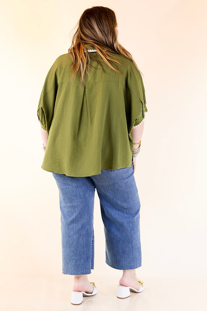 In Good Company Button Up Top with Scalloped Trim Stitching in Olive Green