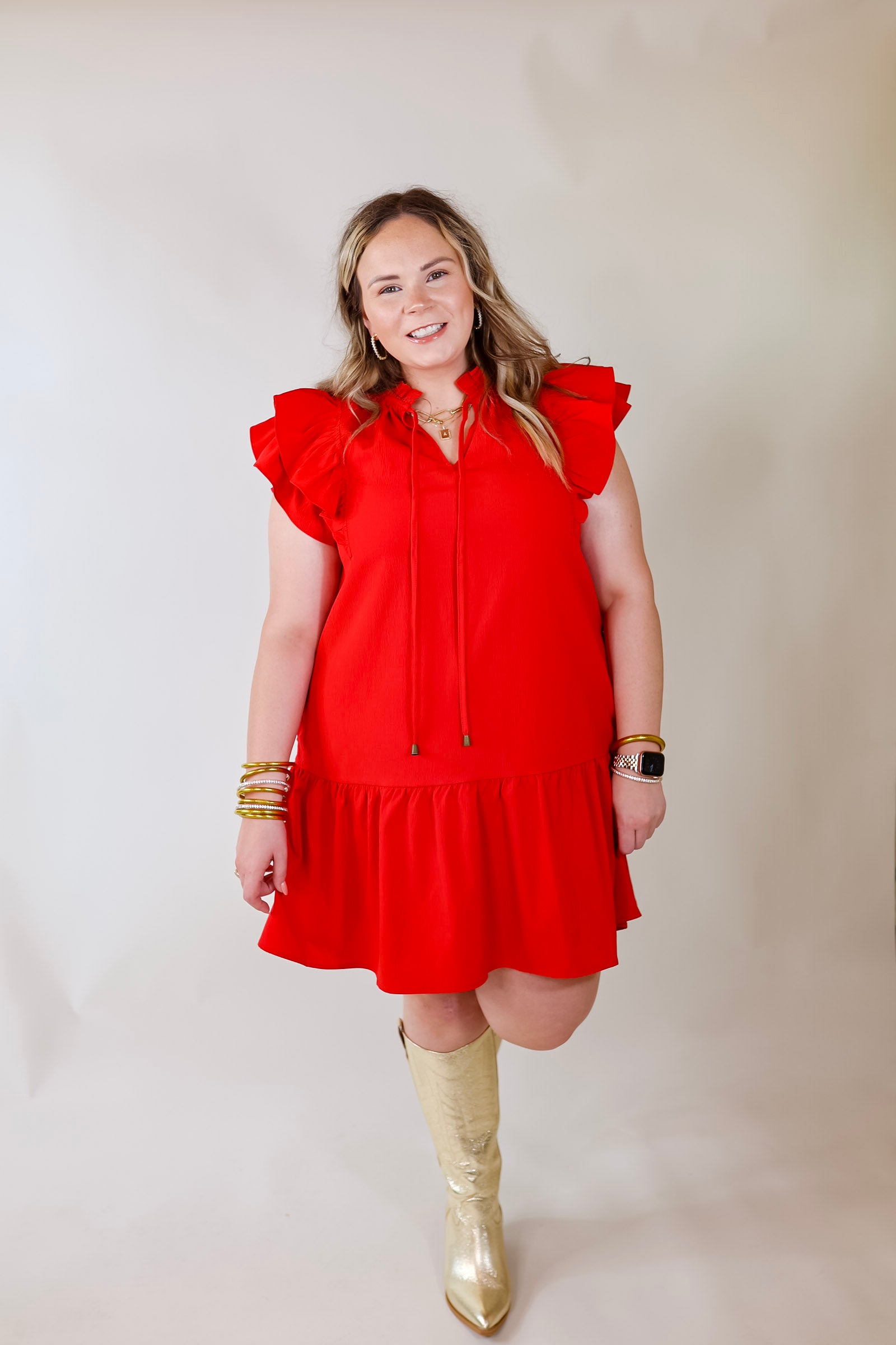 Powerful Love Ruffle Cap Sleeve Dress with Keyhole and Tie Neckline in Red - Giddy Up Glamour Boutique