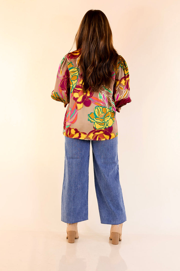 Follow Your Floral Long Sleeve Ruffle Mock Neck Top in Mocha