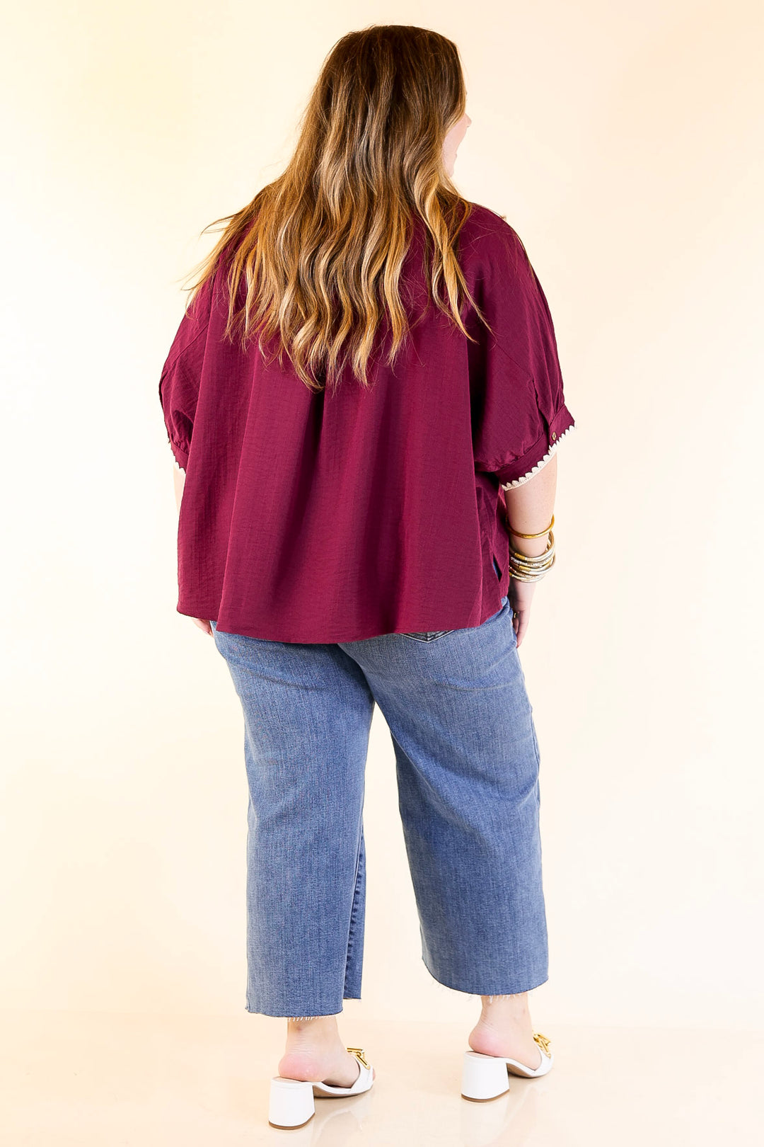 In Good Company Button Up Top with Scalloped Trim Stitching in Maroon