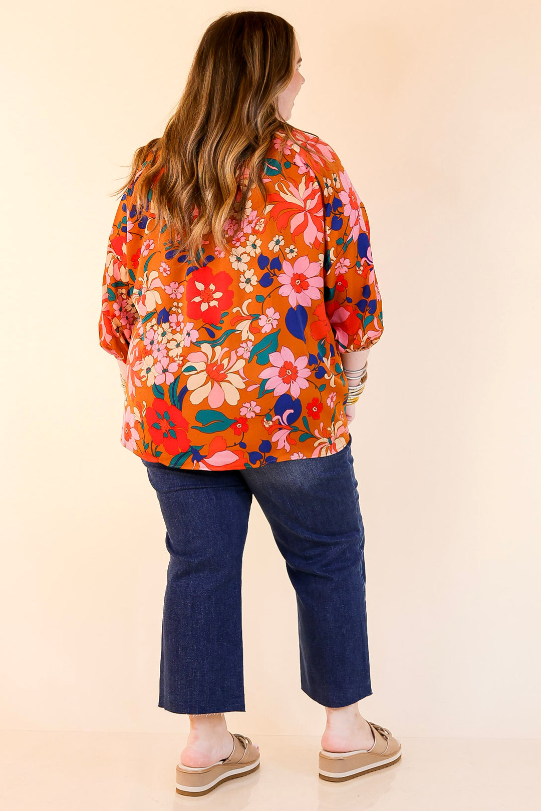 Falling For Floral 3/4 Sleeve Top with Notched Neck in Camel Brown