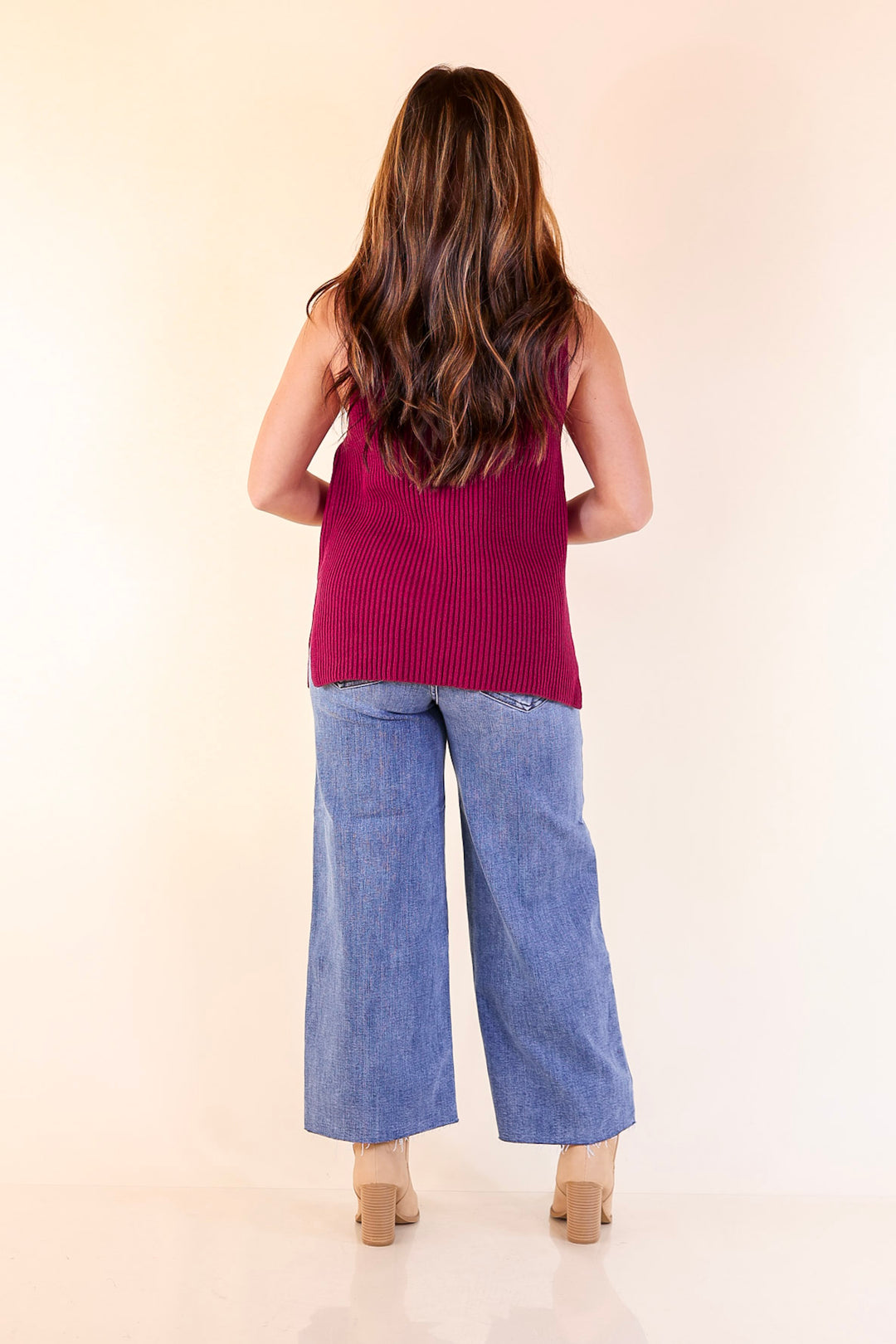 Sharp and Chic Button Front Ribbed Knit Sweater Vest in Maroon