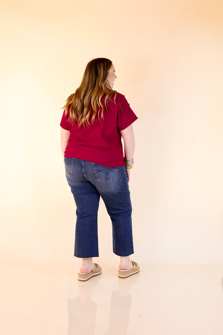 Golden Hour Glow Ribbed Crew Neck Top With Gold Button Detailing in Maroon