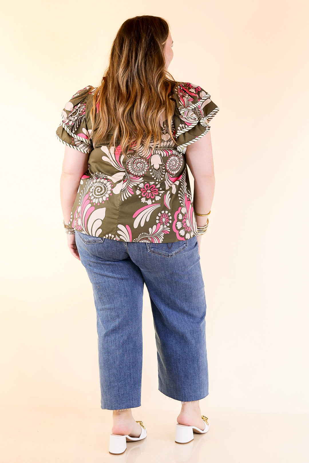 First Impressions V Neck Paisley Top with Ruffle Cap Sleeves and Stripe Detailing in Olive Green