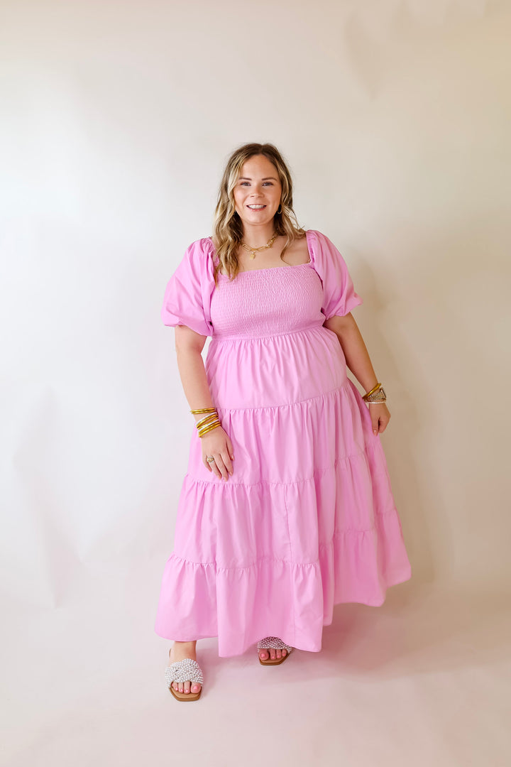 Santorini Sunshine Short Balloon Sleeve Maxi Dress in Light Pink - Giddy Up Glamour Boutique