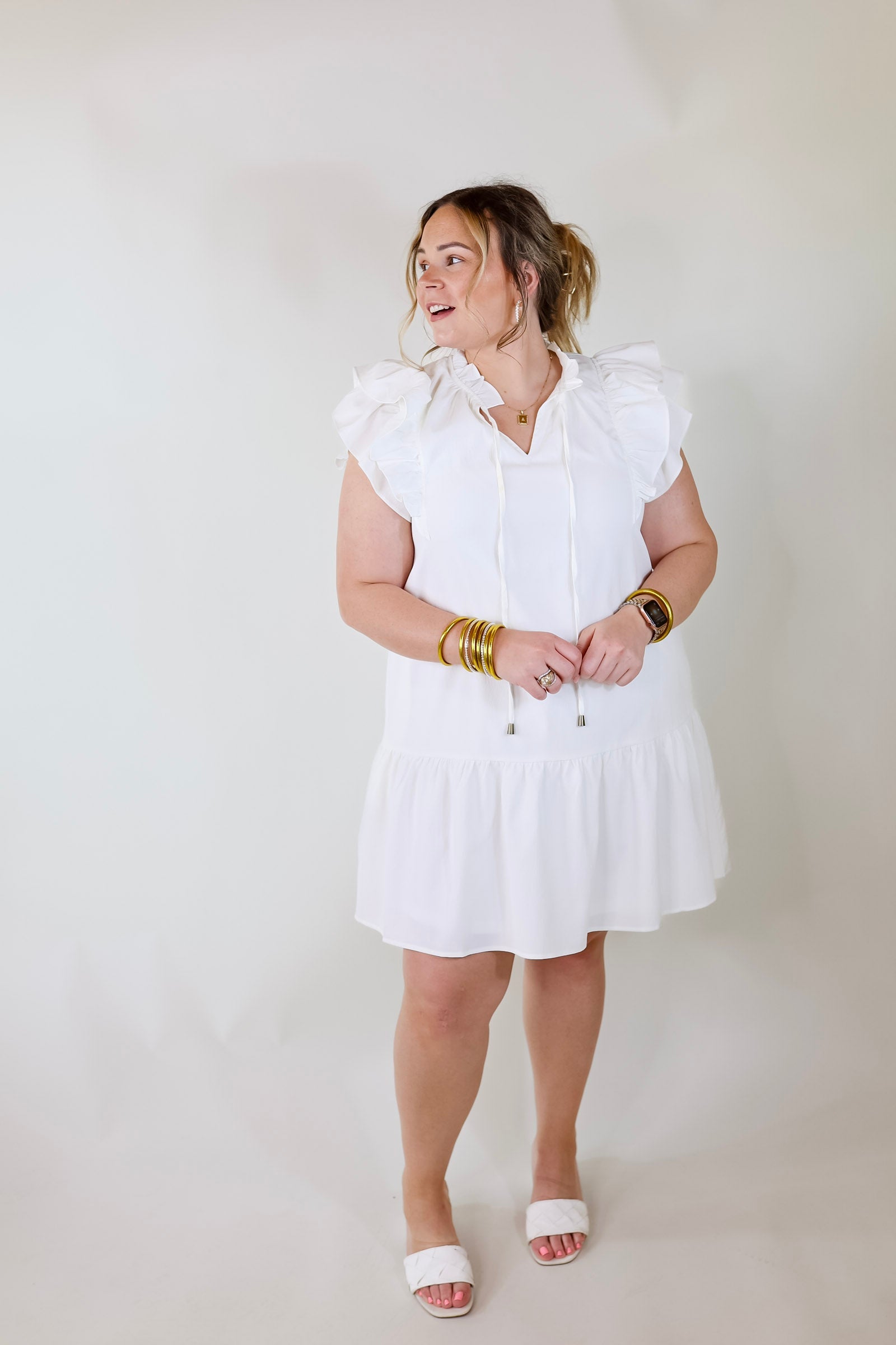 Powerful Love Ruffle Cap Sleeve Dress with Keyhole and Tie Neckline in Ivory - Giddy Up Glamour Boutique