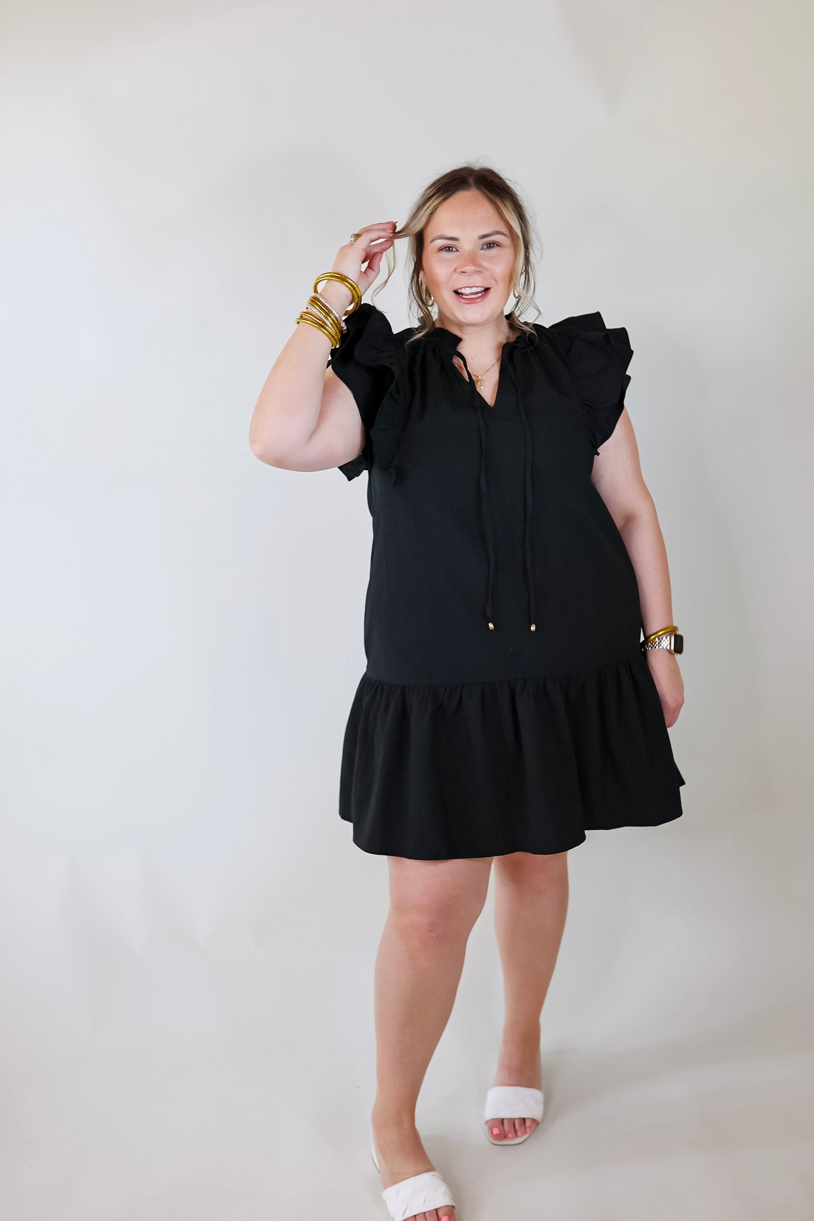 Powerful Love Ruffle Cap Sleeve Dress with Keyhole and Tie Neckline in Black - Giddy Up Glamour Boutique