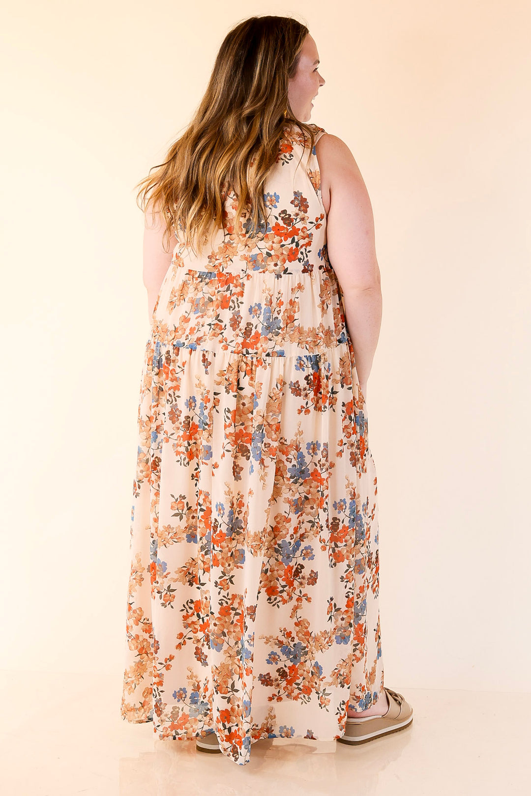 Twirl into Fall Notched Neck Tiered Floral Maxi Dress in Ivory