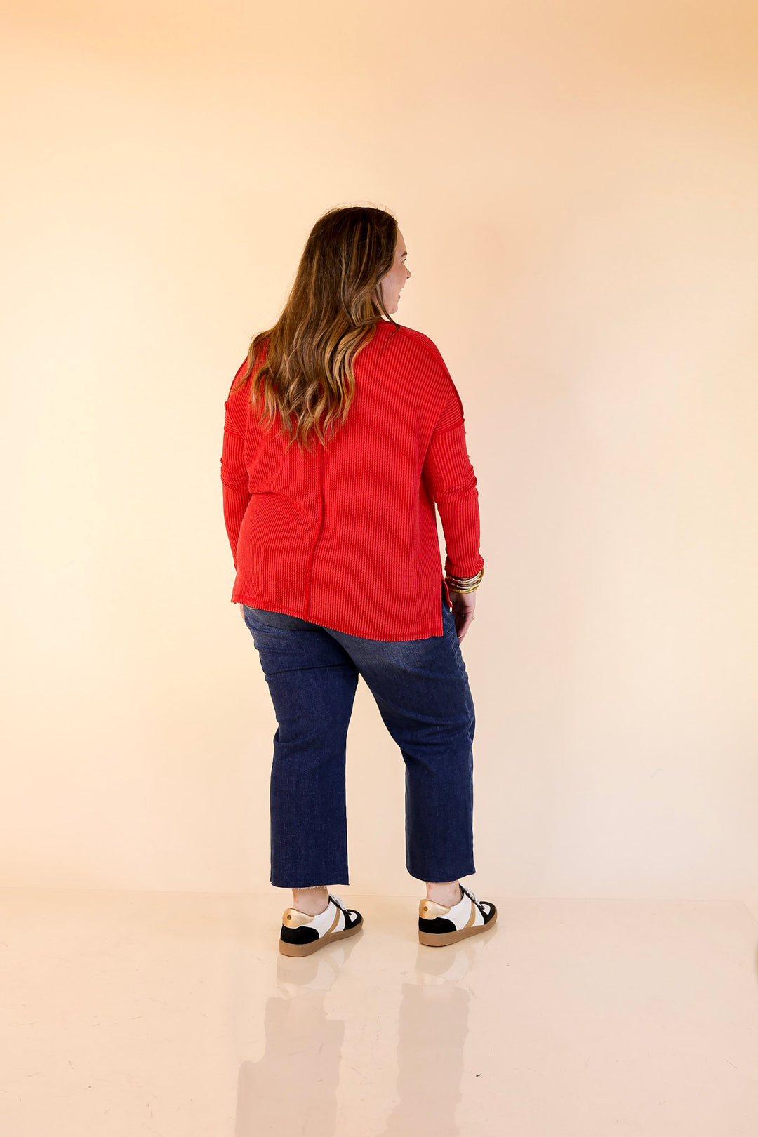 Daily Perfection V-Neck Long Sleeve Ribbed Top in Ruby Red