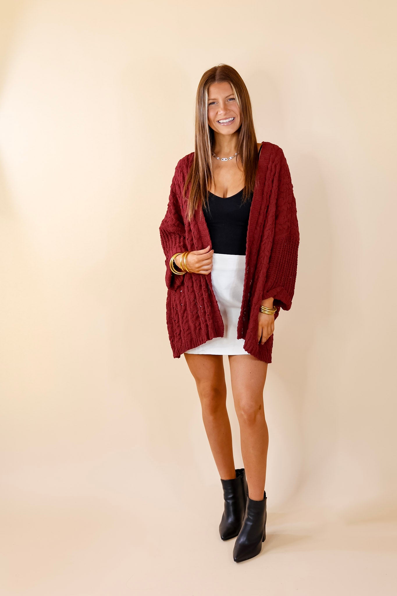 On My Level Chenille Cable Knit Open Front Cardigan in Maroon - Giddy Up Glamour Boutique