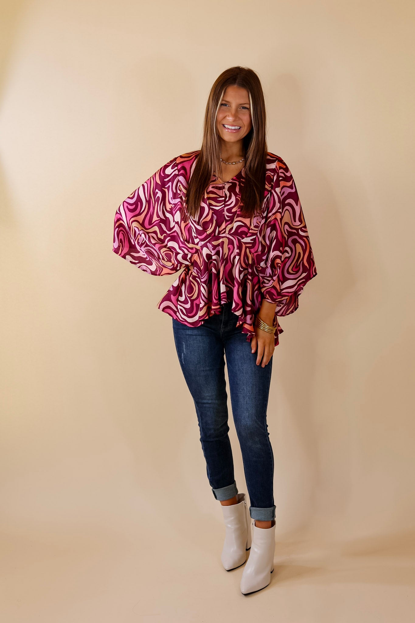 Hear the Music Drop Sleeve Swirl Print V Neck Peplum Top in Magenta Purple - Giddy Up Glamour Boutique