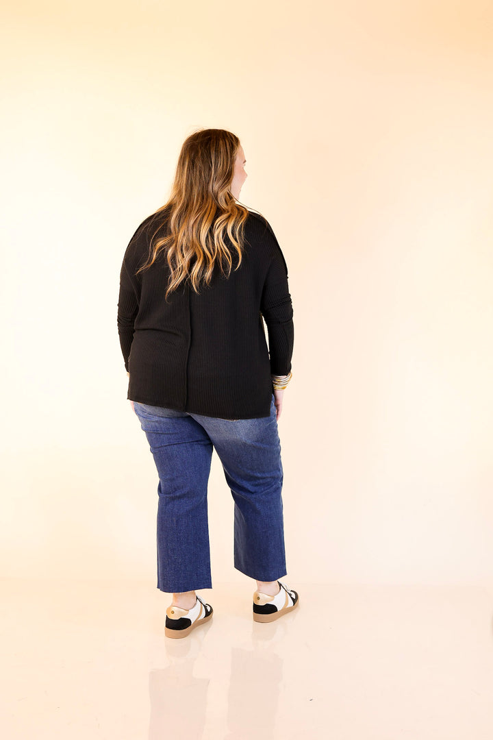 Daily Perfection V-Neck Long Sleeve Ribbed Top in Black