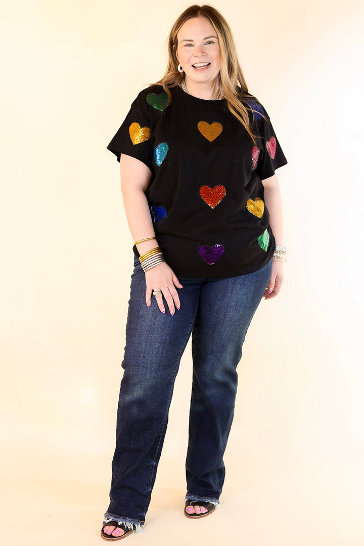 Queen Of Sparkles | Fluttering Hearts Multi-Colored Sequin Top in Black