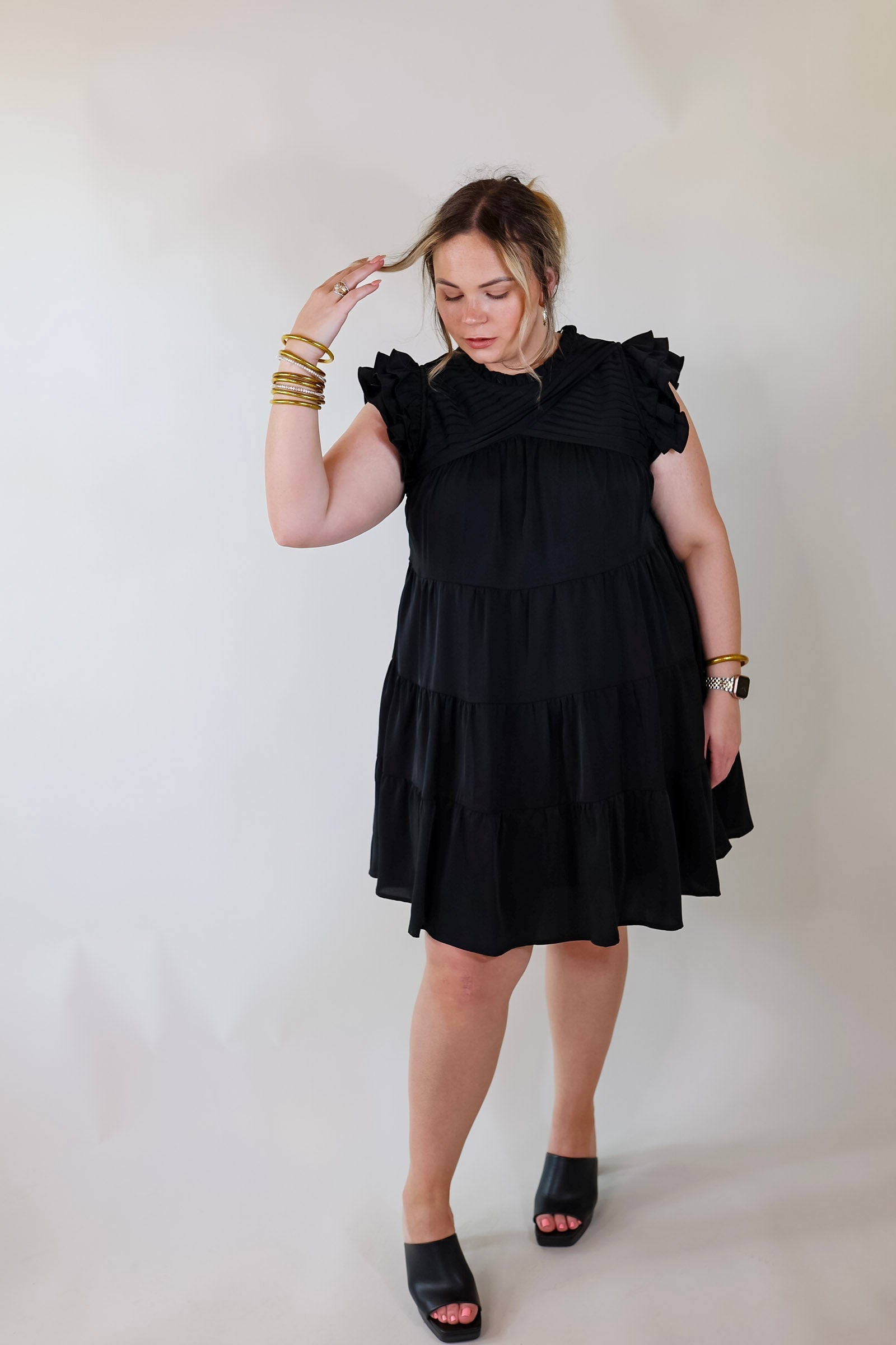 Chic On Scene Ruffle Tiered Dress with Pleated Detailing in Black - Giddy Up Glamour Boutique