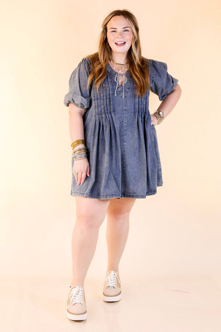 Breezy Beauty Denim Dress with Bow Keyhole and Front Pleating in Medium Wash