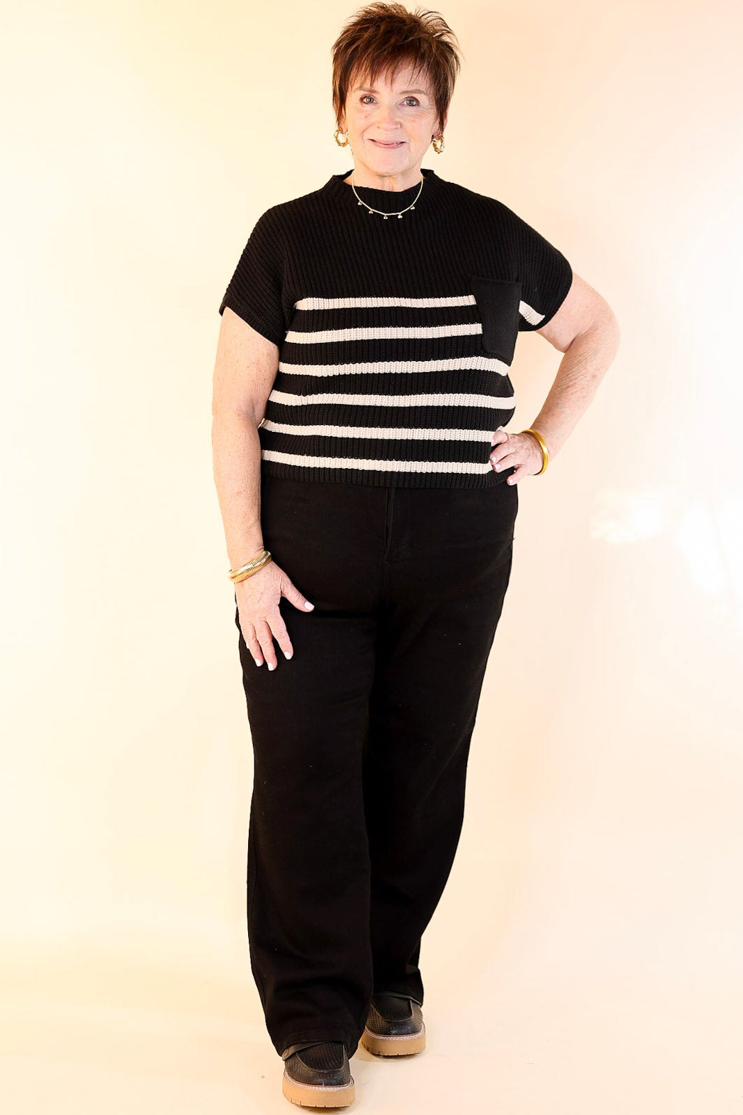 Repeat Worthy Striped Cap Sleeve Cropped Sweater with Front Pocket in Black