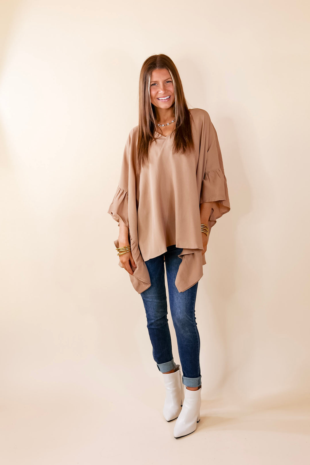 Secret Strength Ruffle Detail Poncho Top in Mocha Brown - Giddy Up Glamour Boutique