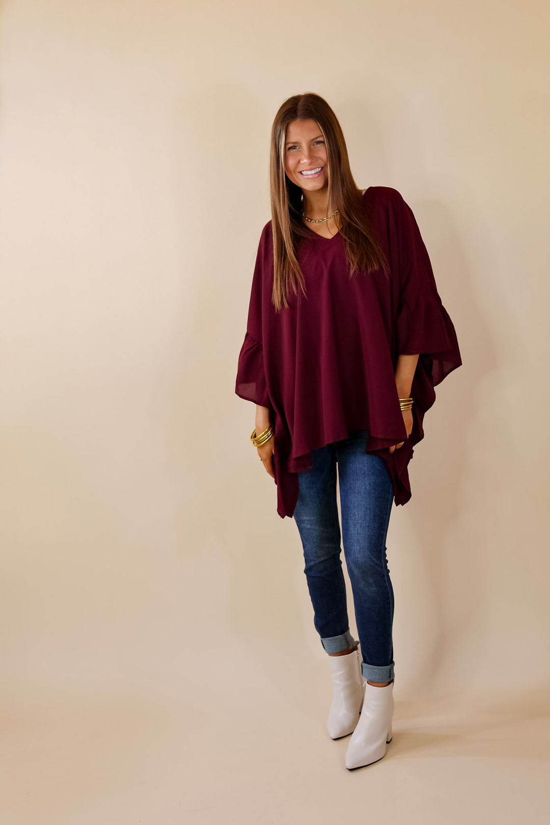 Secret Strength Ruffle Detail Poncho Top in Maroon - Giddy Up Glamour Boutique