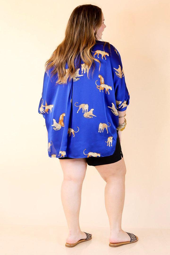 Staying Wild V-Neck Leopard Print 3/4 Sleeve Blouse in Royal Blue