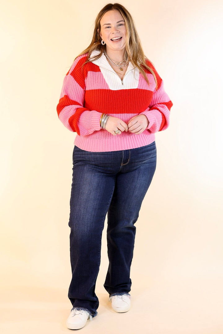 Candy Crush Half Zip Striped Rugby Style Sweater in Red and Pink