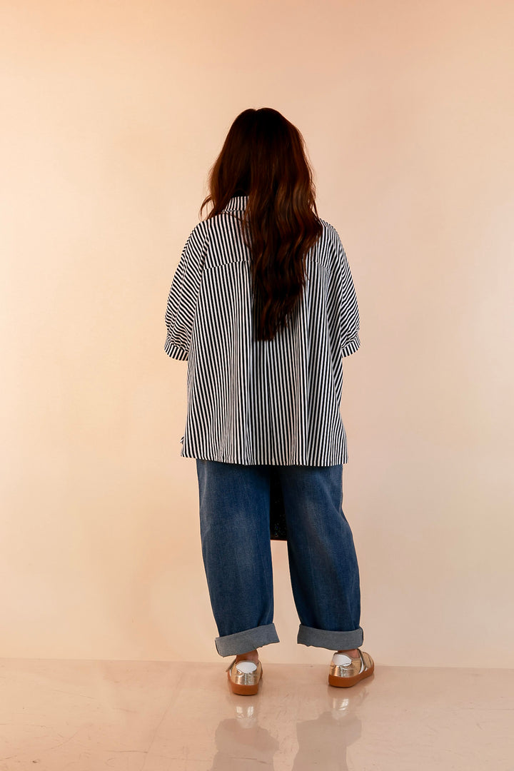 Perfectly Aligned Button Down Collared Top with Vertical Ivory Stripe Detail in Black