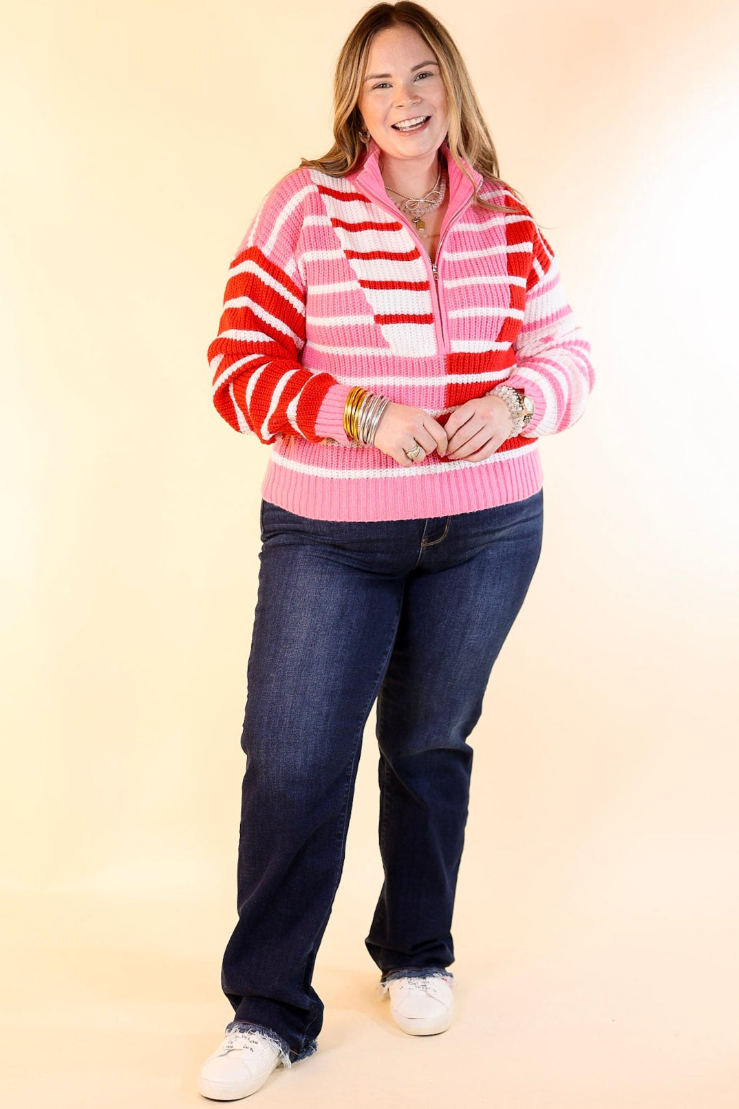 Sweetheart Stripe Half Zip Striped Sweater in Red and Pink