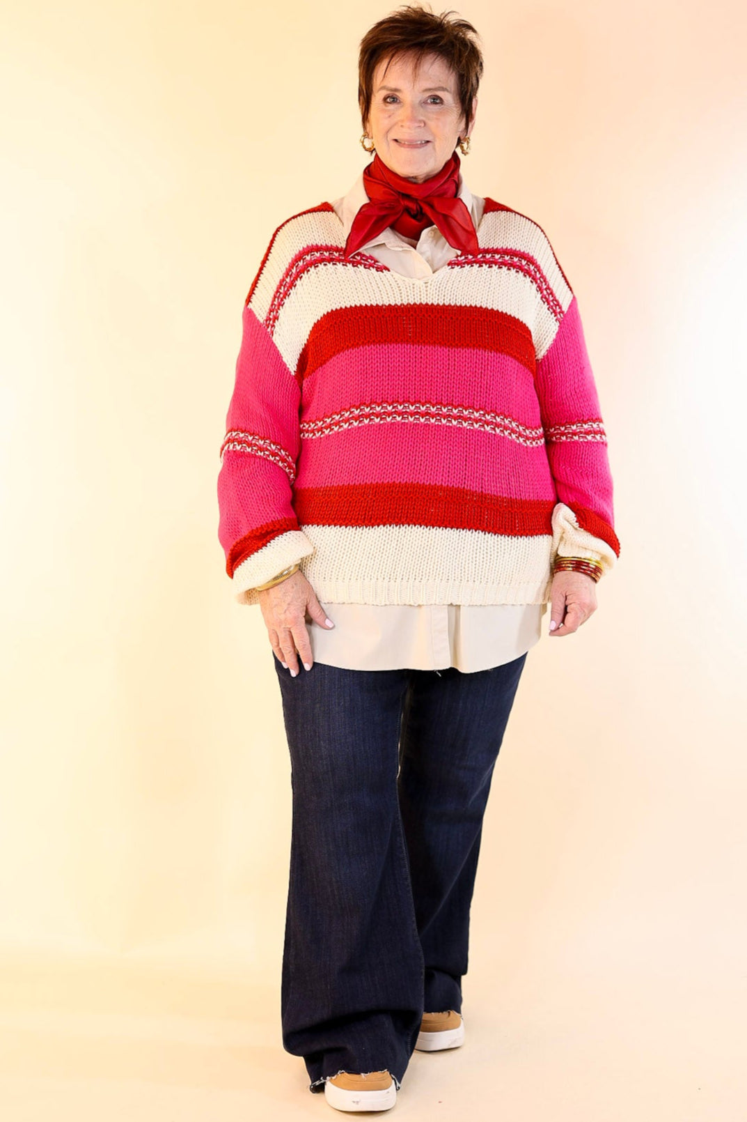 Cozy On Up Long Sleeve Striped Sweater in Red Mix