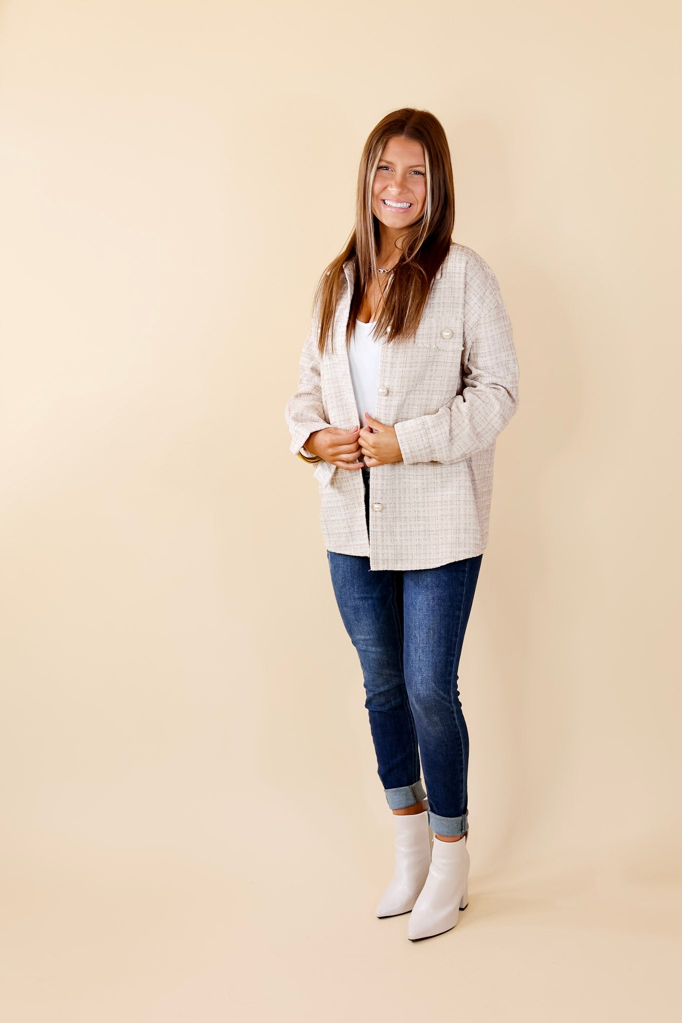 Brooklyn Buzz Pearl Button Up Tweed Shacket in Champagne - Giddy Up Glamour Boutique