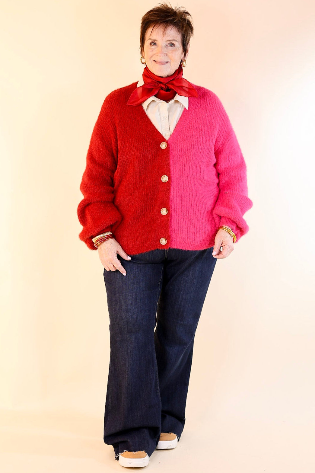 Fireside Feels Color Block Button Up Cardigan with Balloon Sleeves in Hot Pink and Red