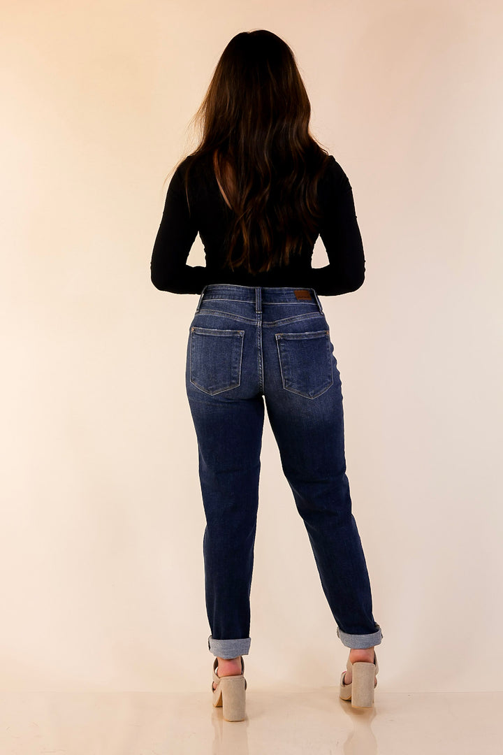 Judy Blue | Naturally Cool Cuffed Boyfriend Denim Jeans in Dark Wash