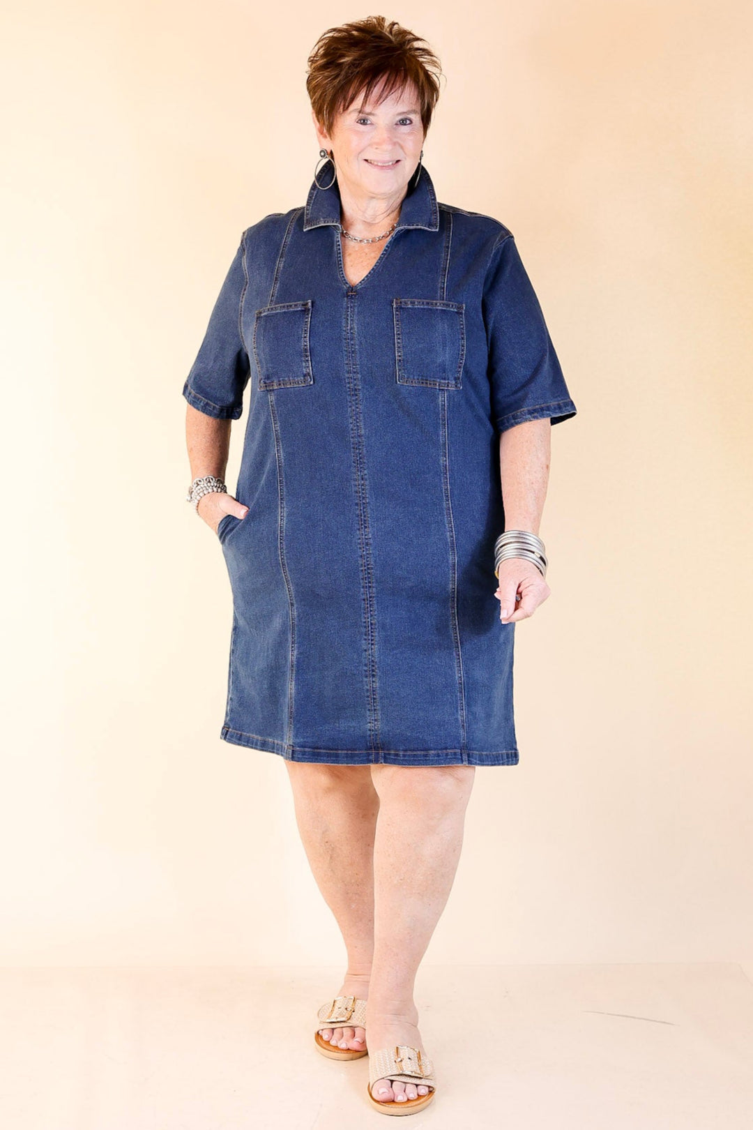 Style in Motion Denim Dress with Patch Pockets in Dark Wash