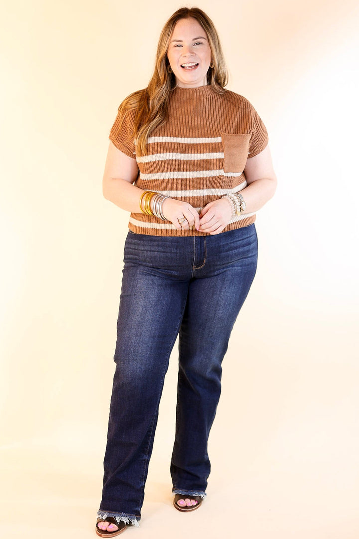 Repeat Worthy Striped Cap Sleeve Cropped Sweater with Front Pocket in Camel Brown