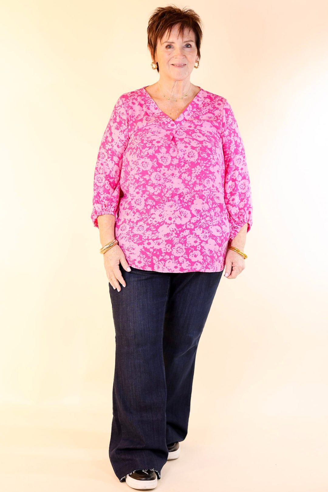 Eyes On Paradise Floral Print Blouse with 3/4 Sleeves in Pink