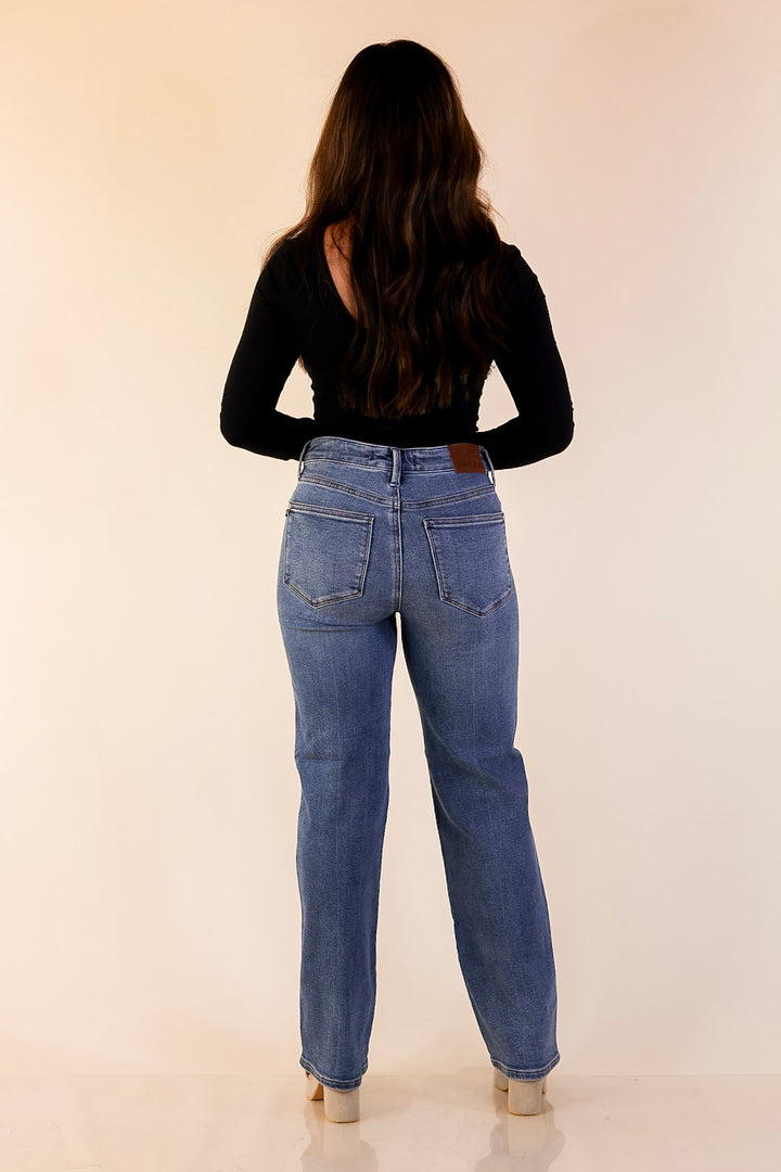 Judy Blue | Simply Styled Rigid Magic Button Fly Slim Straight Jeans in Medium Wash