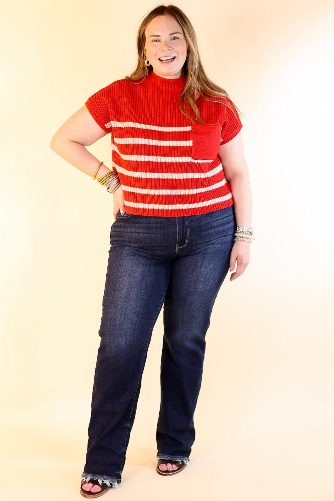 Repeat Worthy Striped Cap Sleeve Cropped Sweater with Front Pocket in Ruby Red
