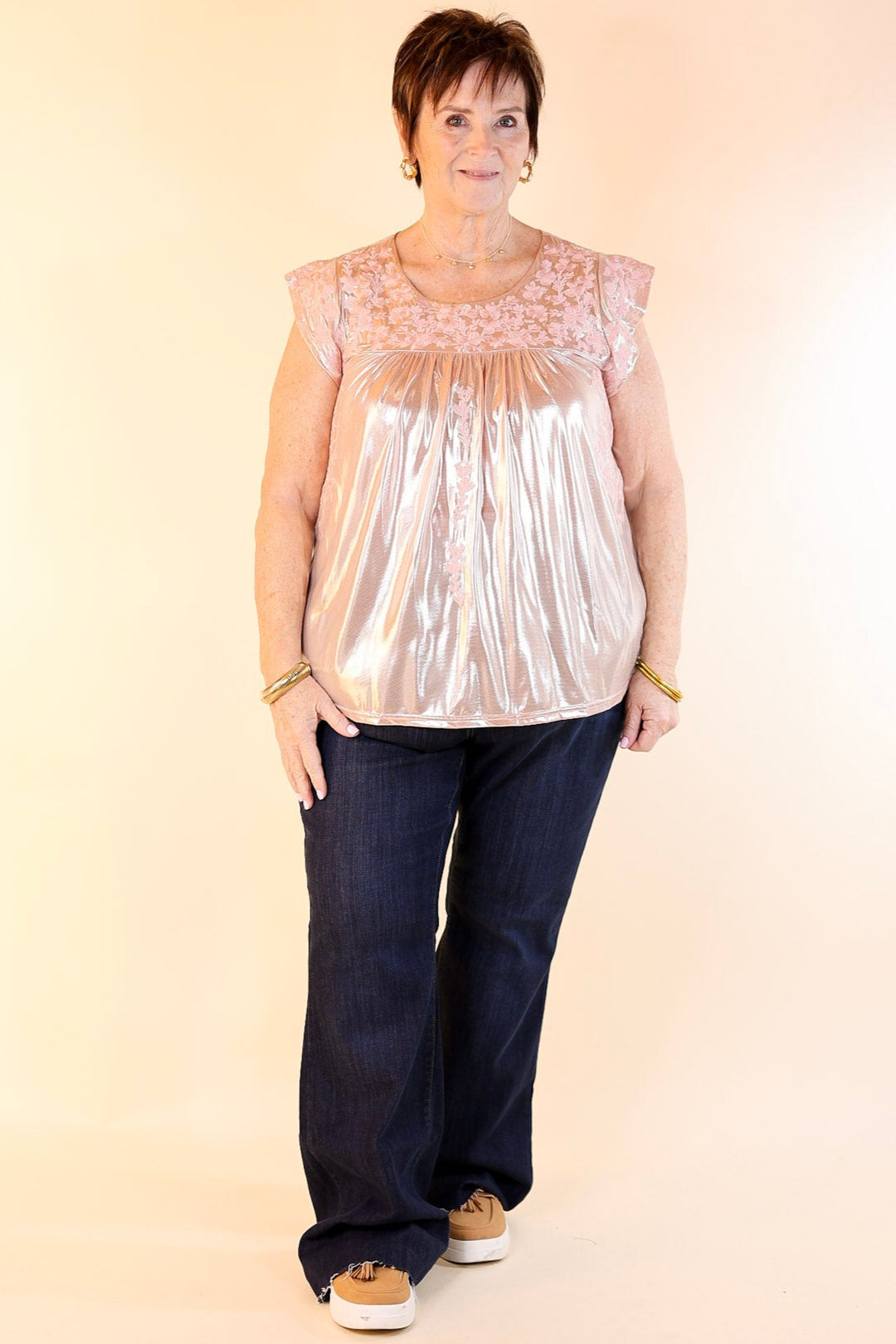 The Thrill Of It Floral Embroidered Metallic Top in Blush Pink