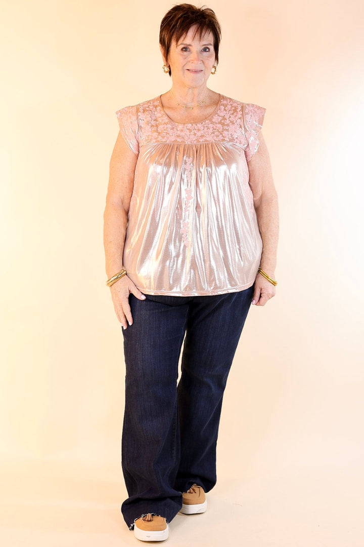 The Thrill Of It Floral Embroidered Metallic Top in Blush Pink