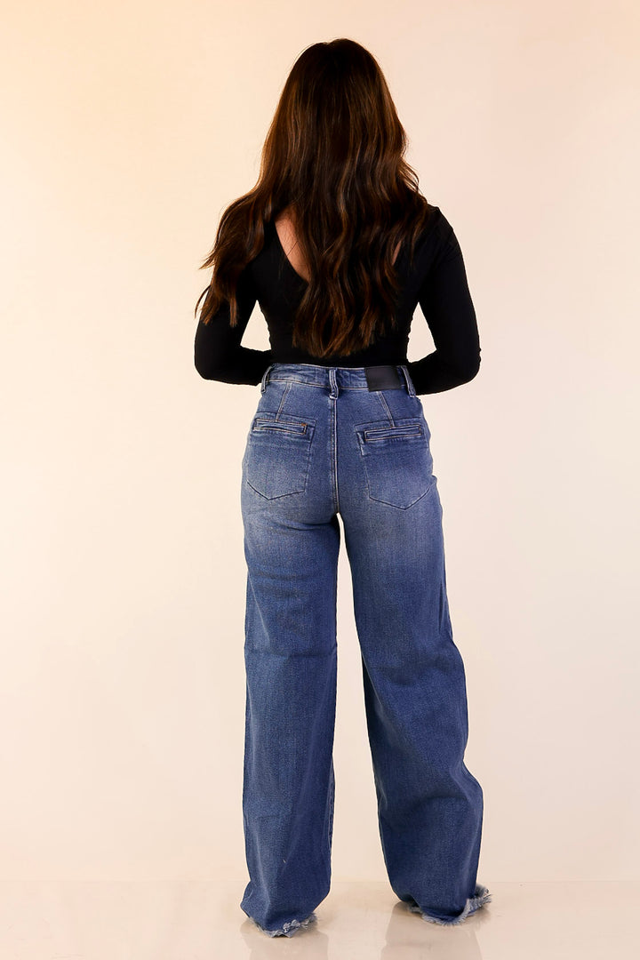 Judy Blue | Sharp Statement Straight Wide Leg Button Fly Jeans with Raw Hem in Dark Wash