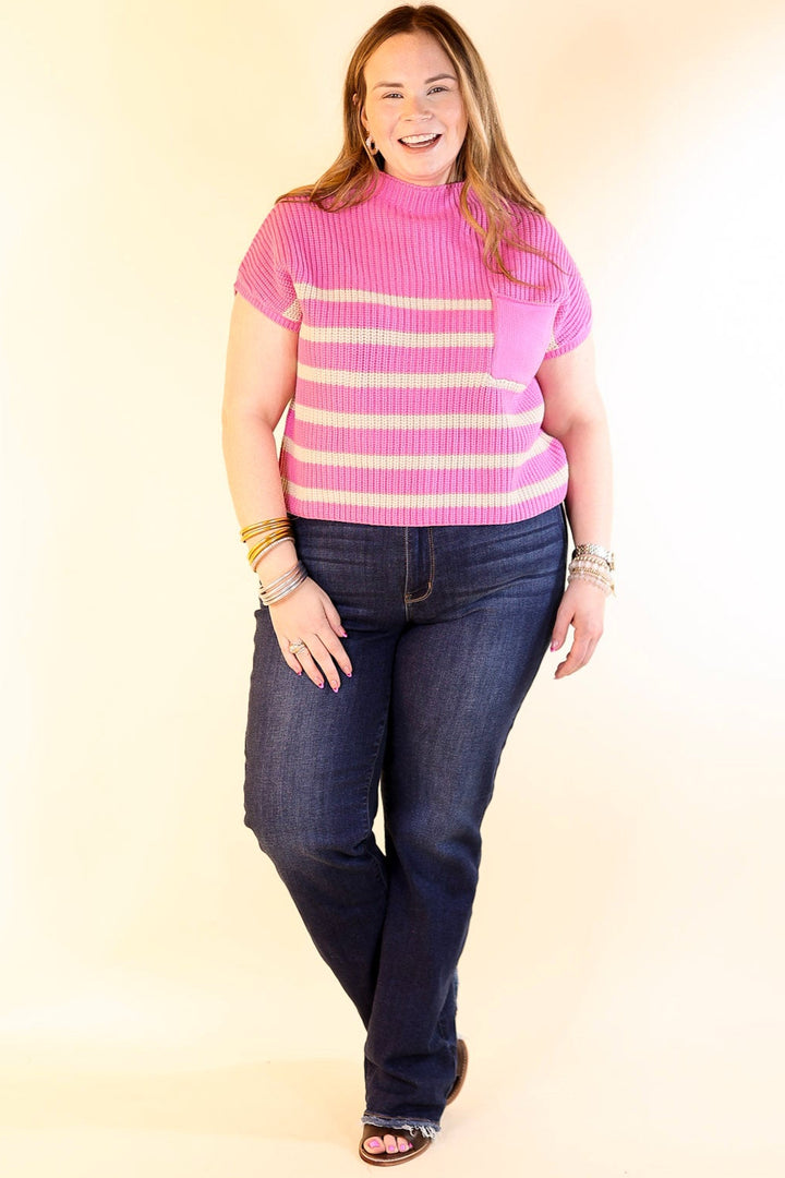 Repeat Worthy Striped Cap Sleeve Cropped Sweater with Front Pocket in Pink
