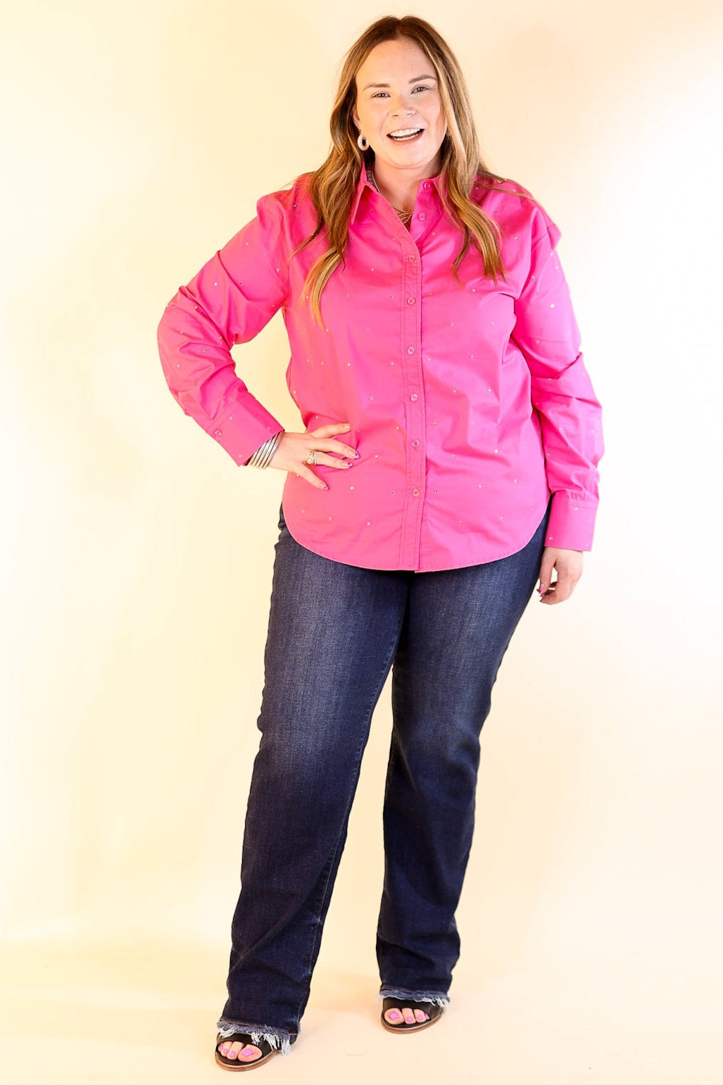 Shine On Collared Button Up Top with Rhinestones in Pink