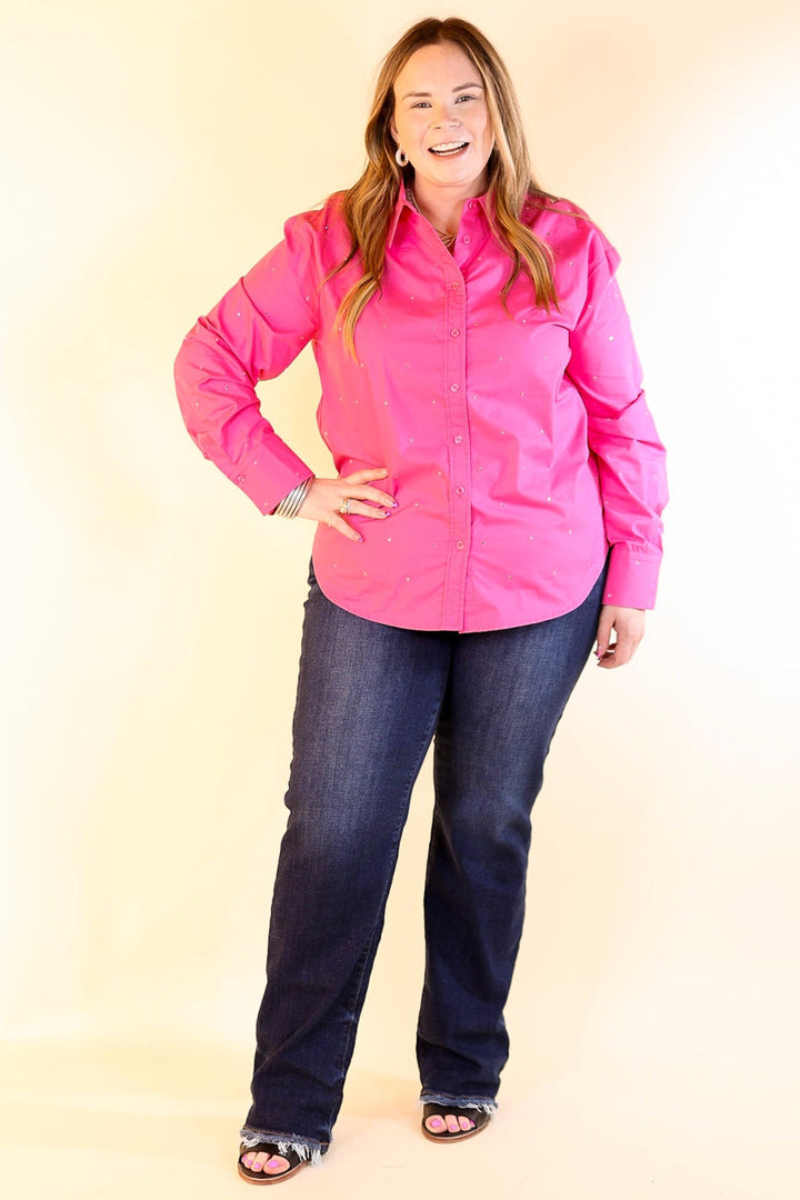 Shine On Collared Button Up Top with Rhinestones in Pink