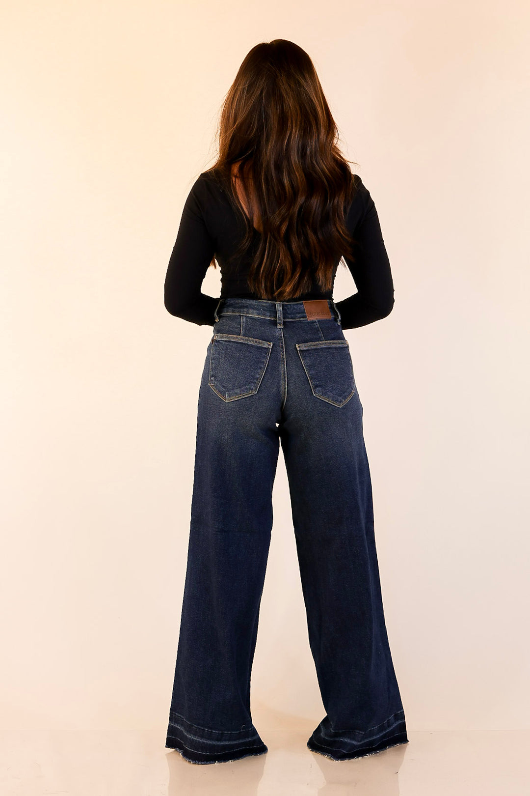 Judy Blue | Statement Maker Wide Leg Palazzo Jeans with Raw Hem and Front Patches in Dark Wash