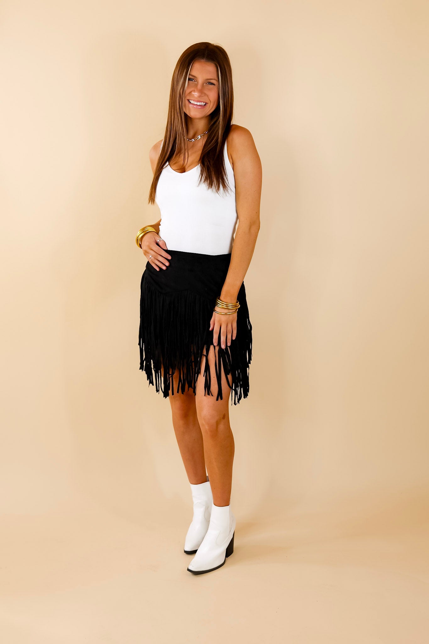Pep Into Your Step Suede Fringe Skirt in Black - Giddy Up Glamour Boutique