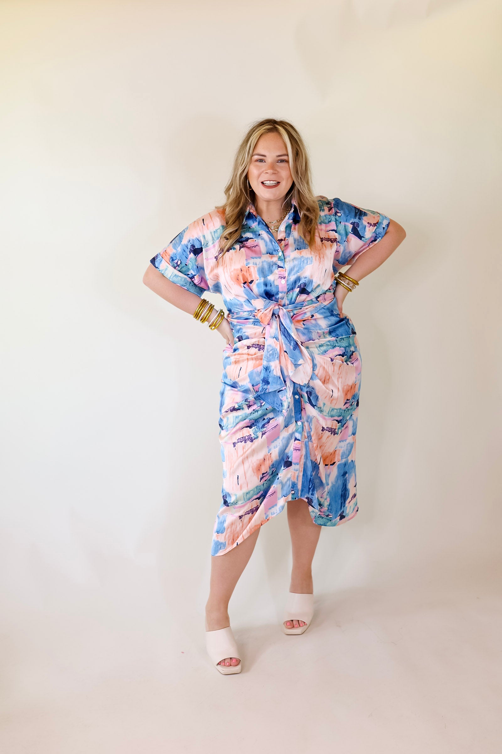 Abstract Meetings Collared Button Up Midi Dress With a Tied Waist in Blue and Coral Pink - Giddy Up Glamour Boutique
