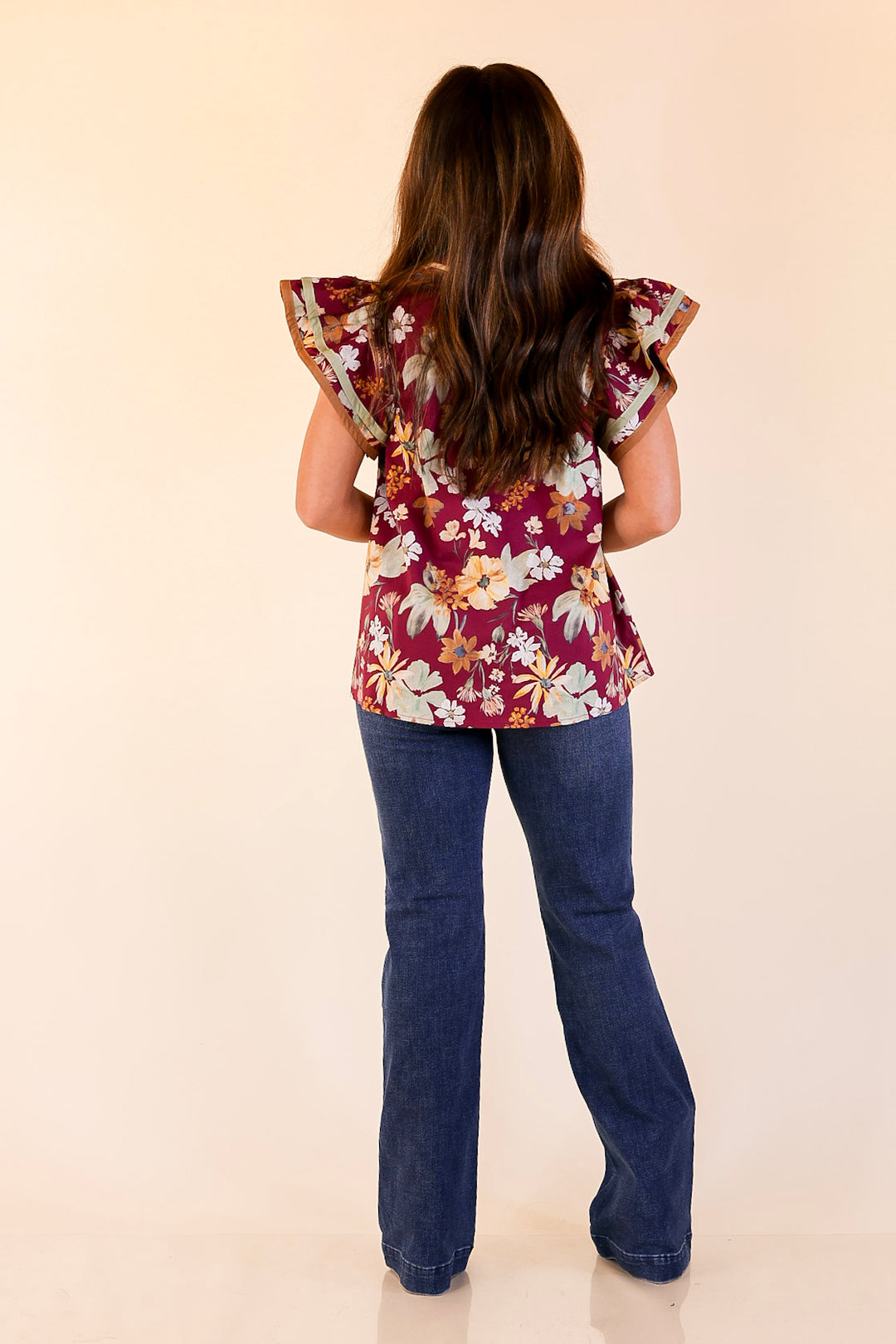 Fresh Perspective V Neck Floral Top with Ruffle Cap Sleeves in Maroon